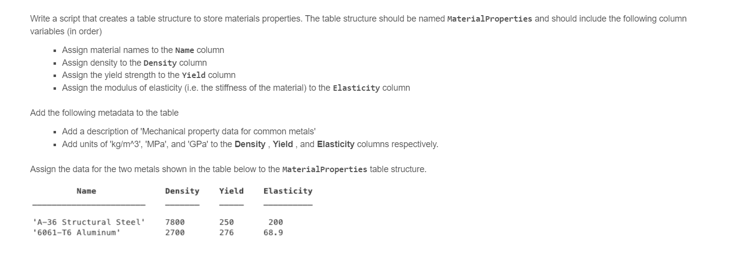 Write a script that creates a table structure to