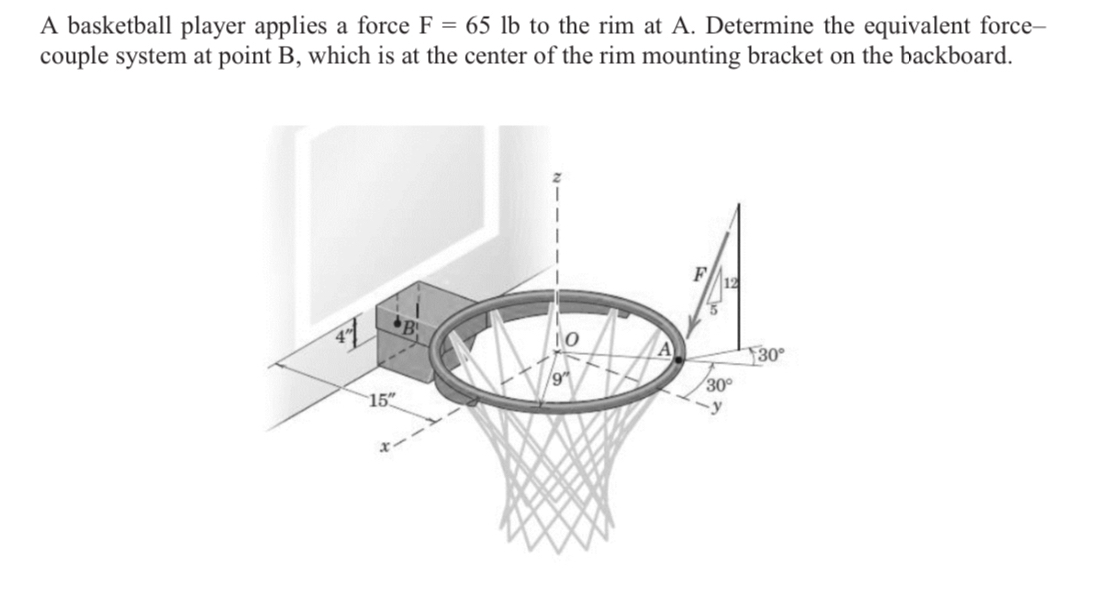 A basketball player applies a force F = 6 5 l b