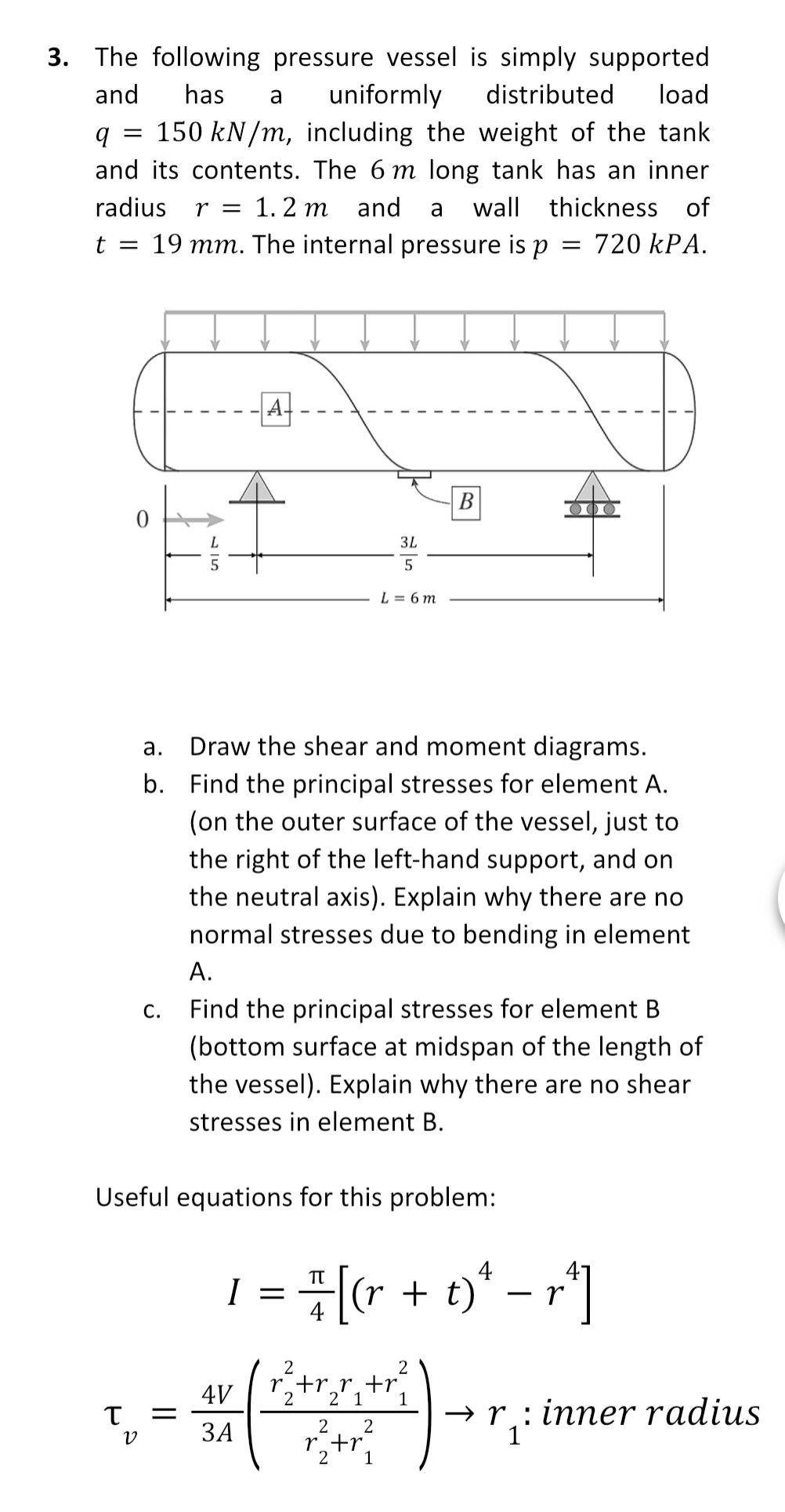 The following pressure vessel is simply supported