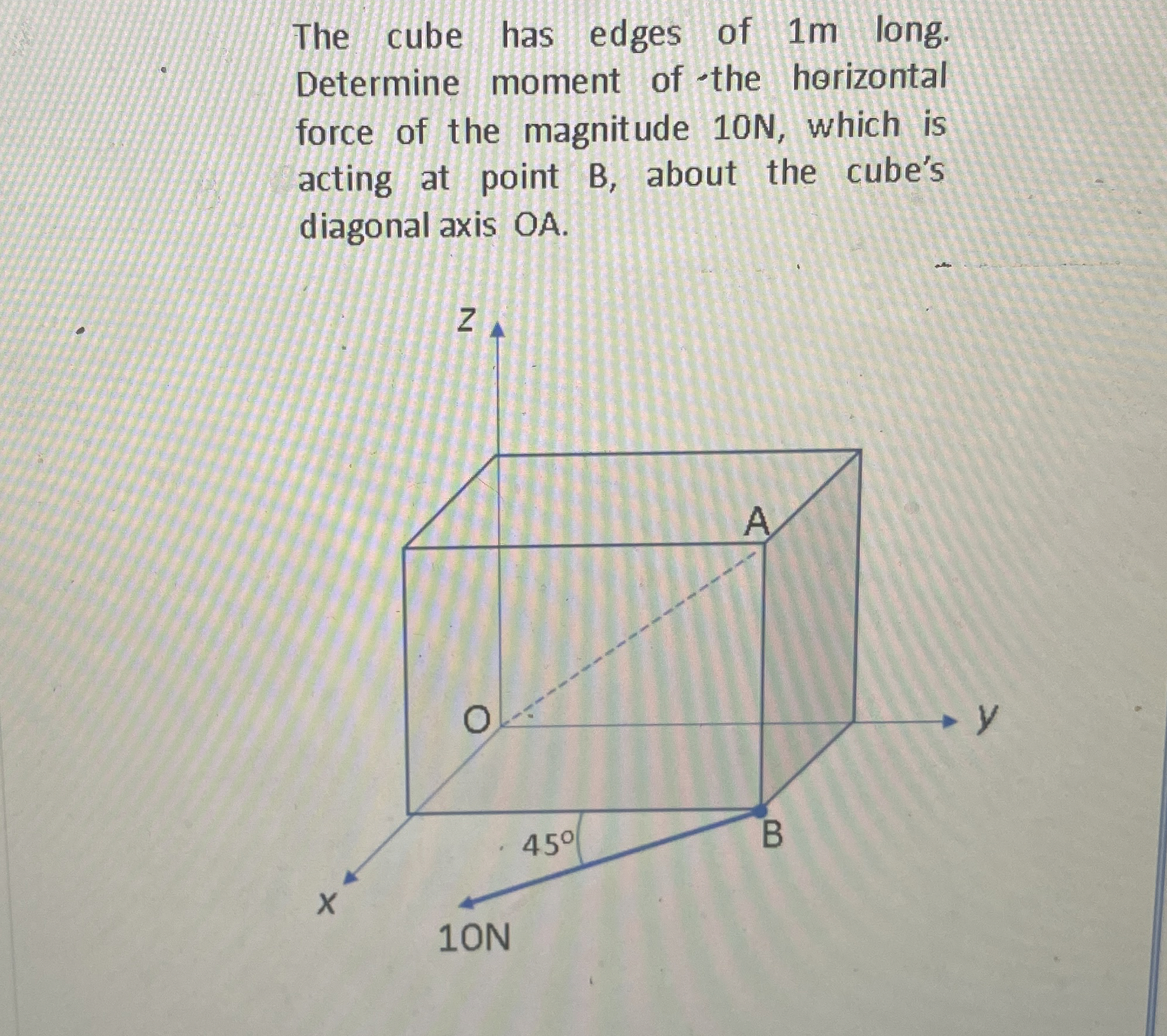 The cube has edges of 1 m long. Determine moment