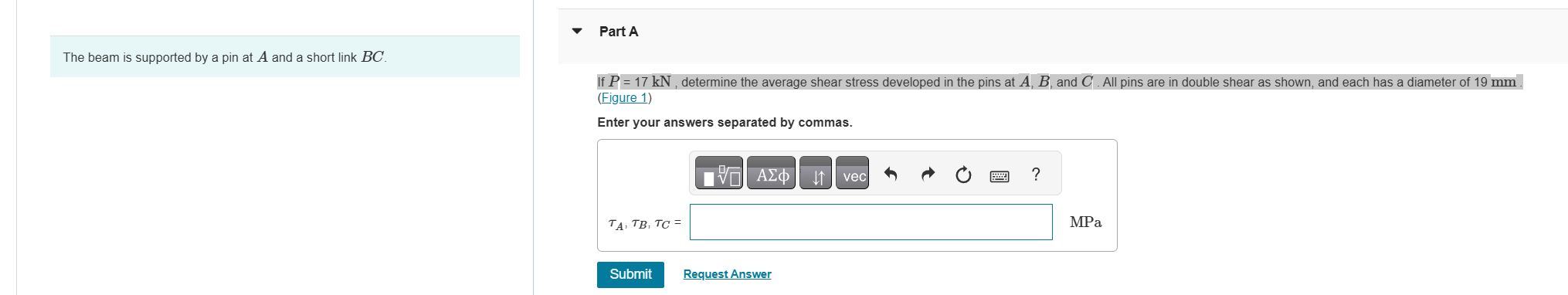 The beam is supported by a pin at A and a short