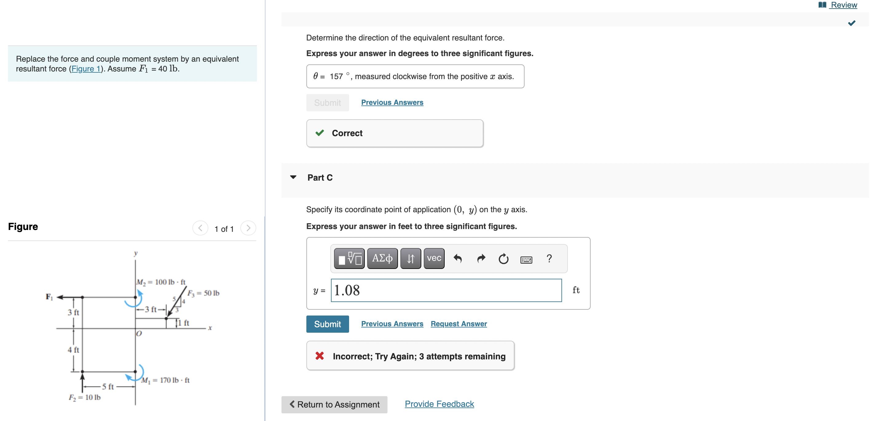 Replace the force and couple moment system by an