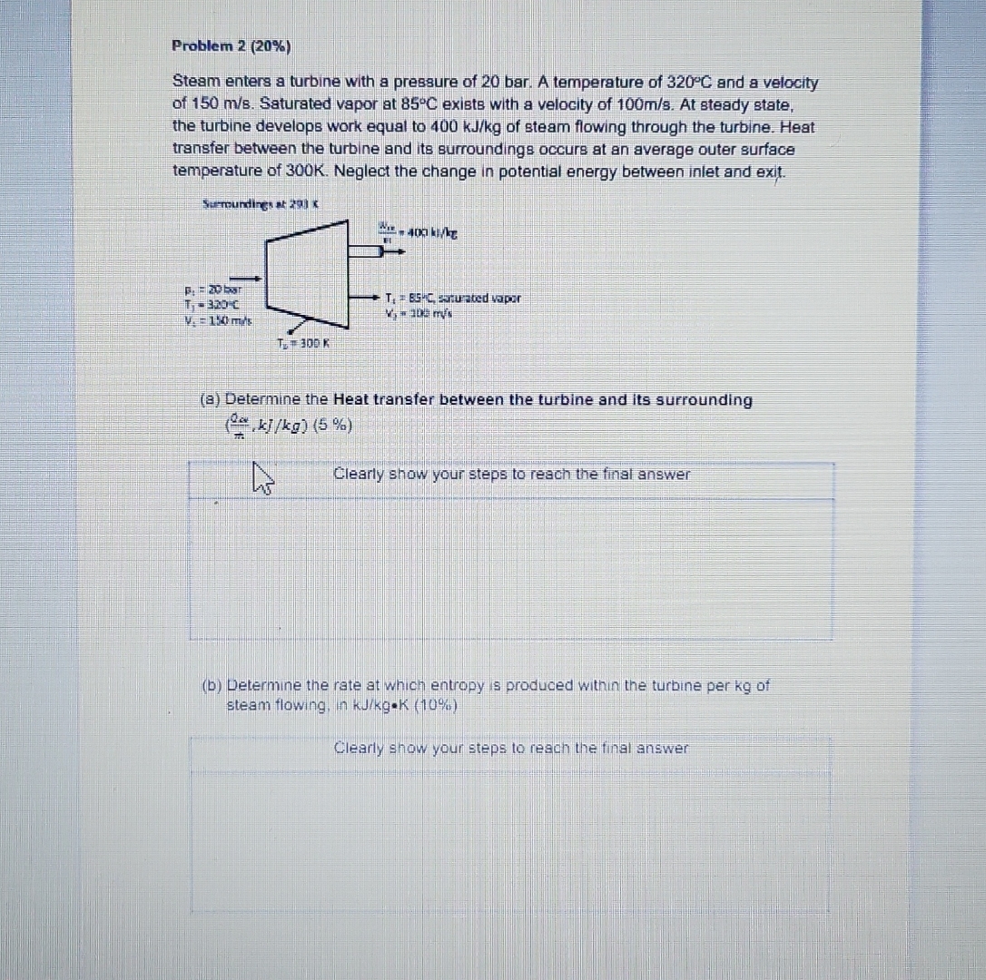 Problem 2 ( 2 0 % ) Steam enters a turbine with a