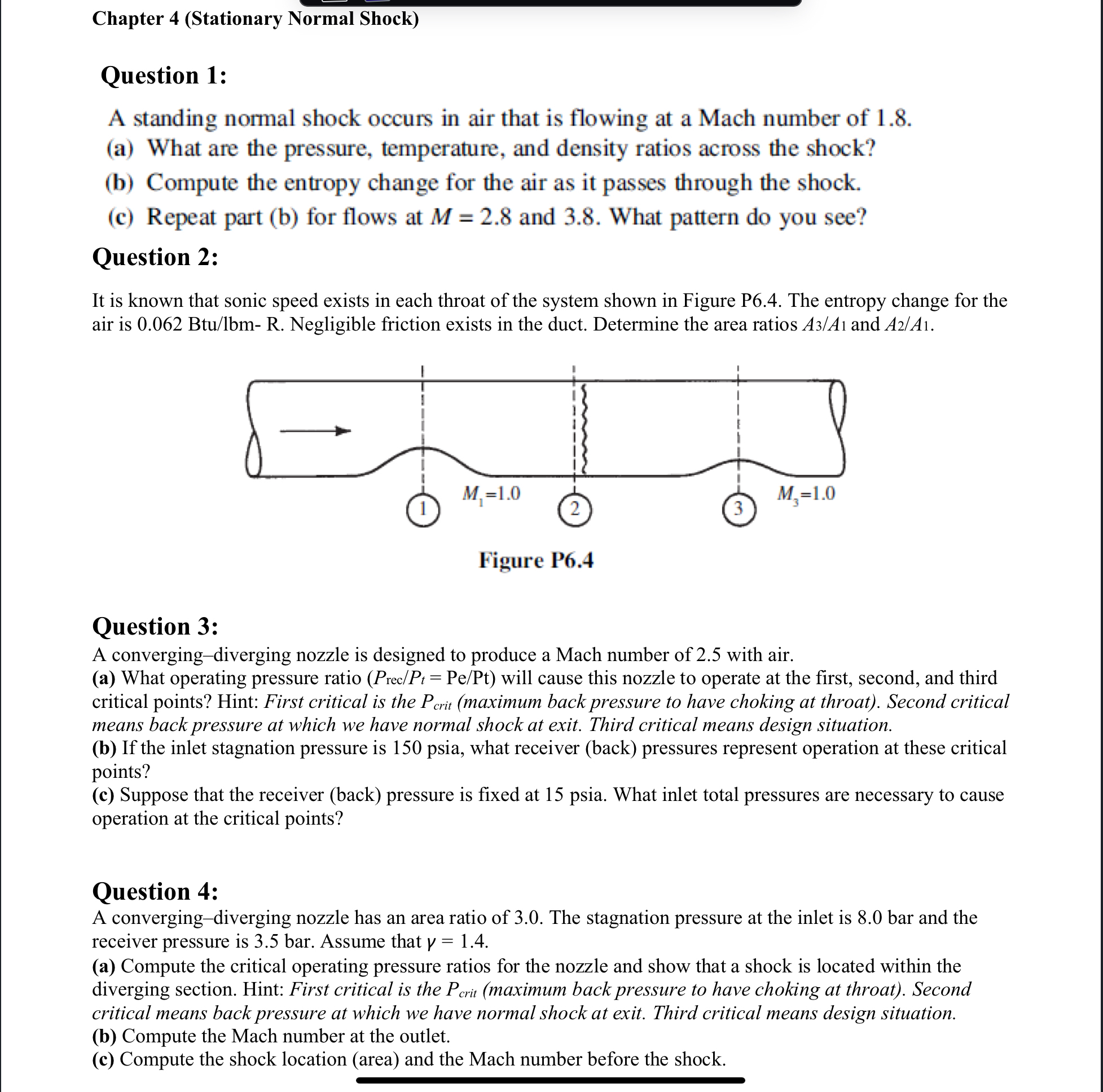 Chapter 4 ( Stationary Normal Shock ) Question 1