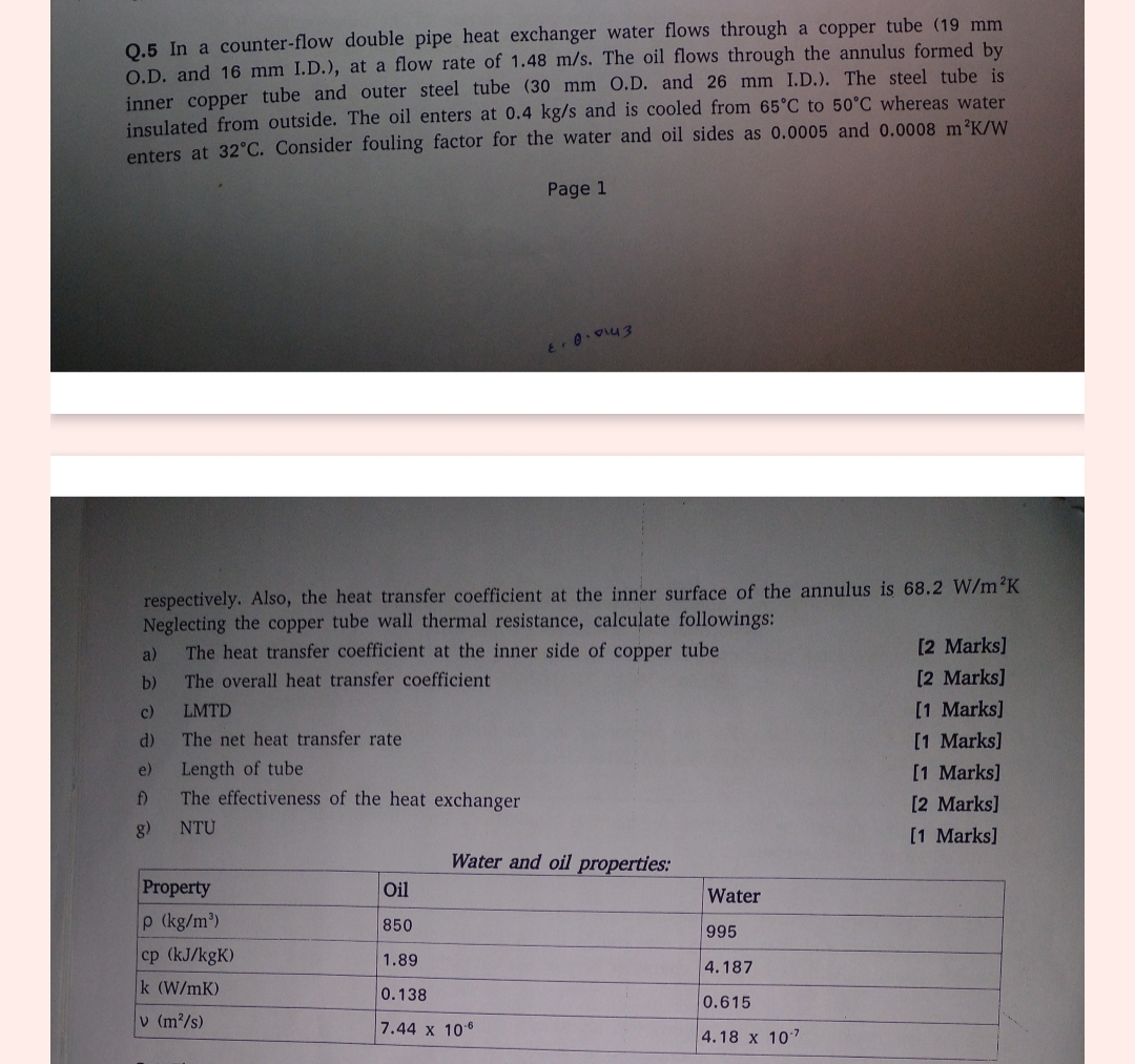 Q . 5 In a counter - flow double pipe heat