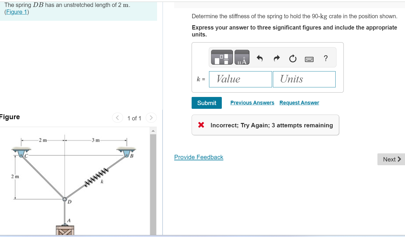 The spring D B has an unstretched length of 2 m .