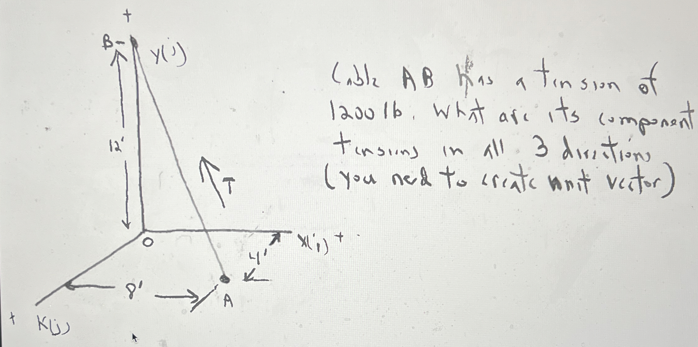 Cable A B has a tension of 1 2 0 0 lb . What are