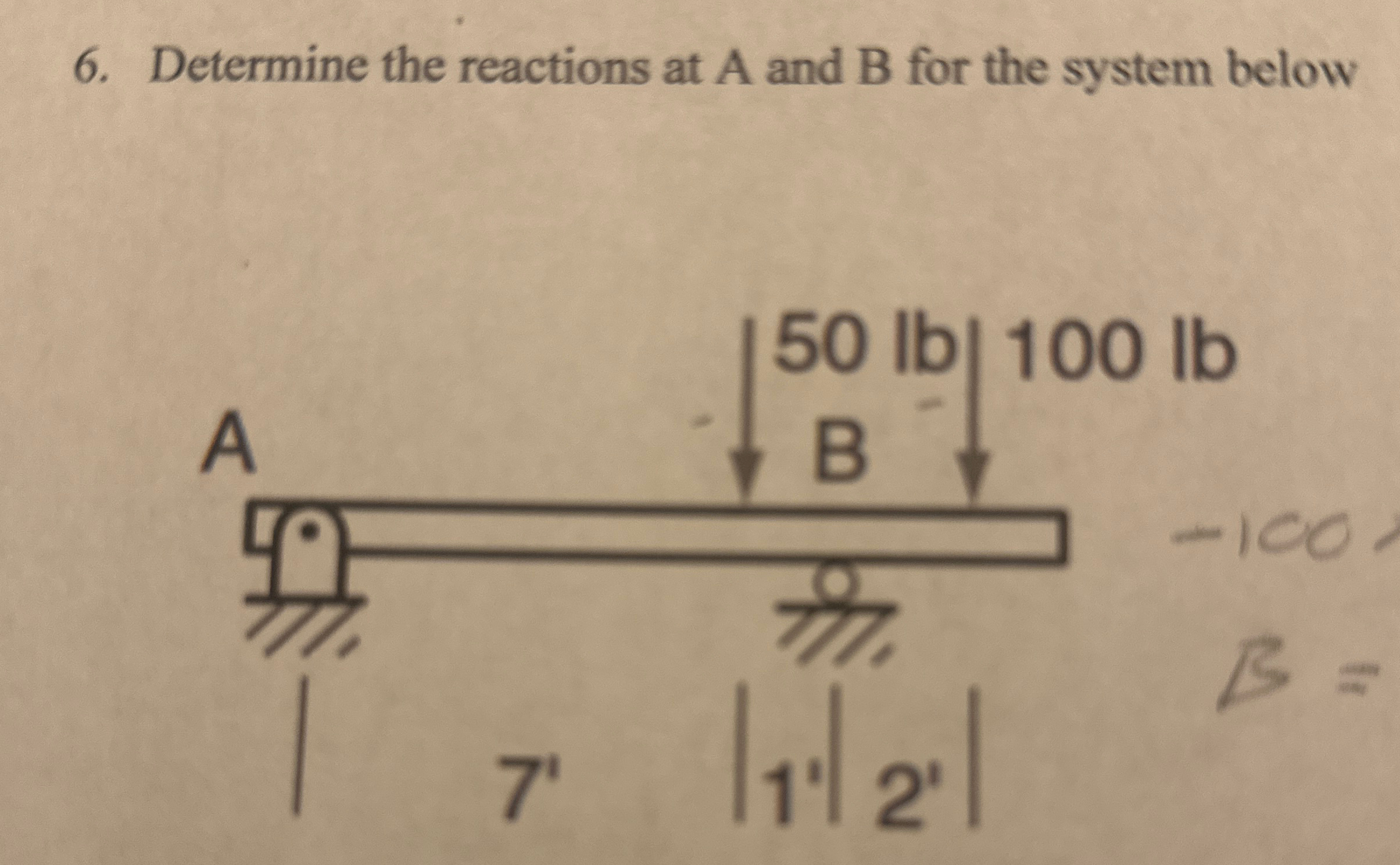 Determine the reactions at A and B for the system