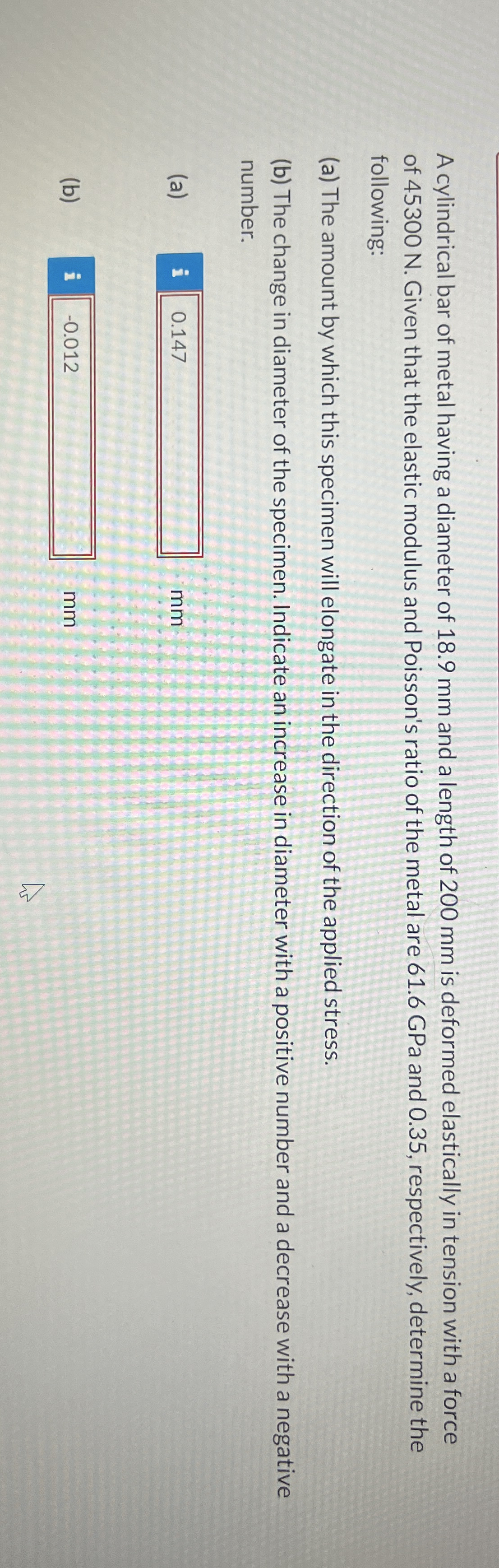A cylindrical bar of metal having a diameter of 1