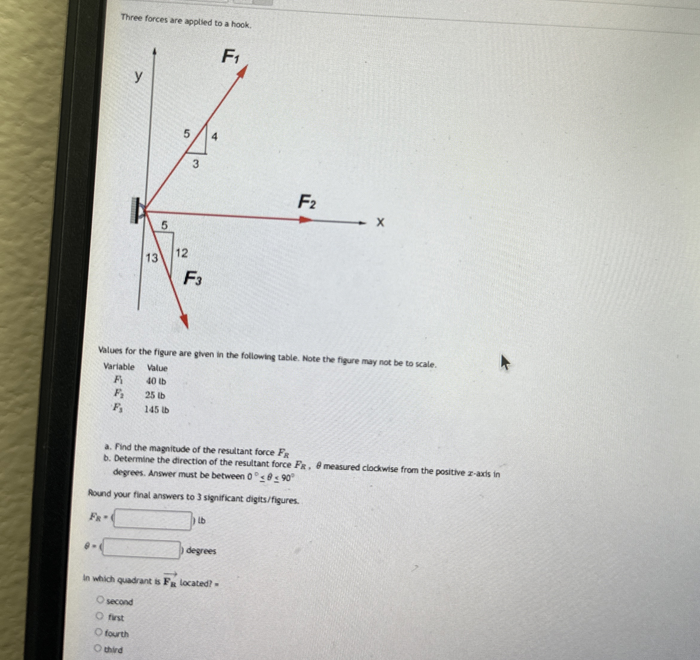 Three forces are applied to a hook. Values for