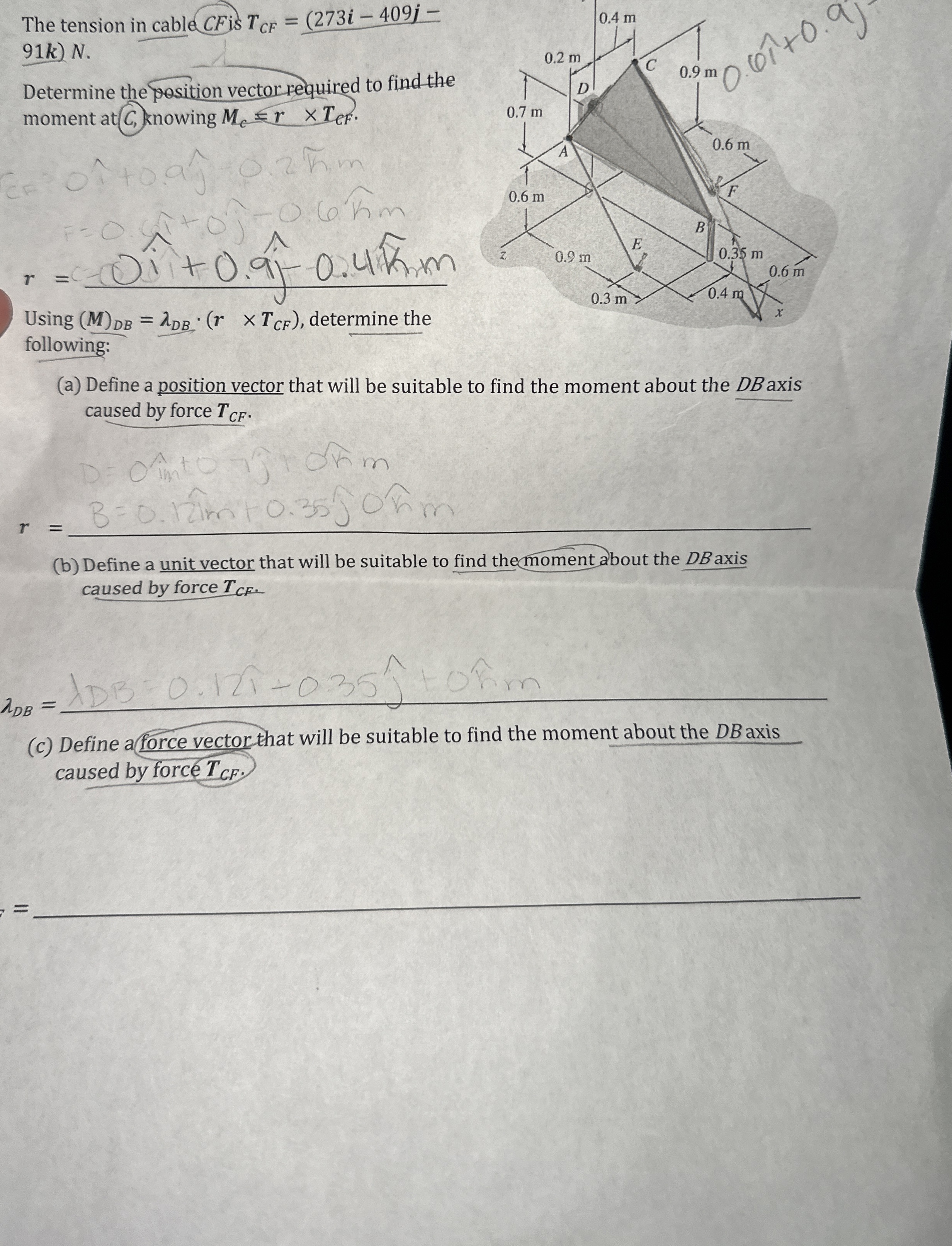 The tension in cable CFis 9 1 k . Determine the
