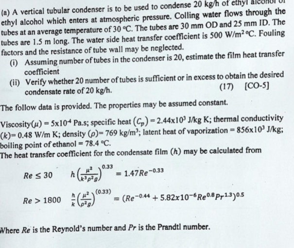 ( a ) A vertical tubular condenser is to be used