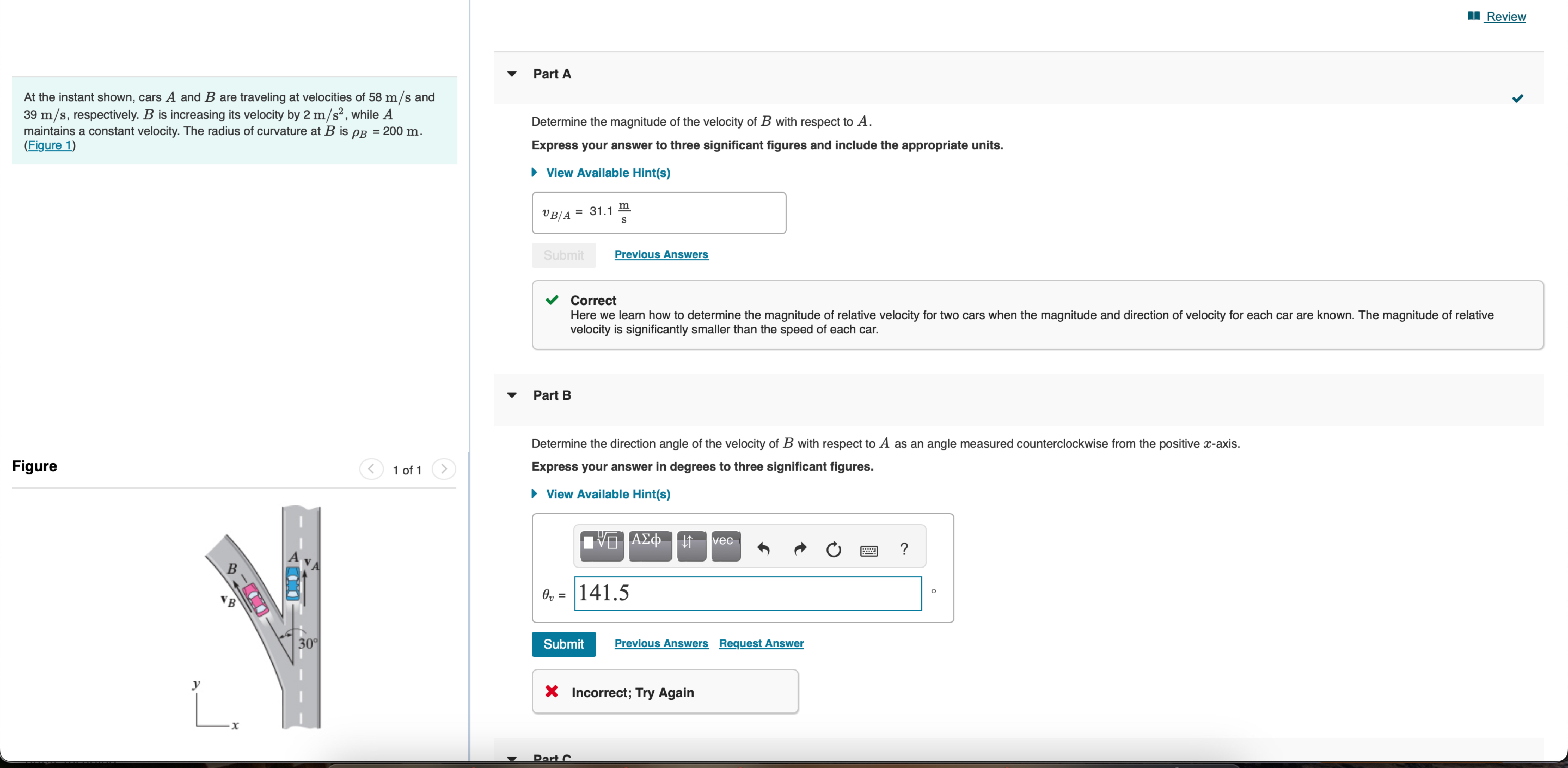 At the instant shown, cars A and B are traveling
