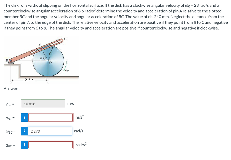 The disk rolls without slipping on the horizontal