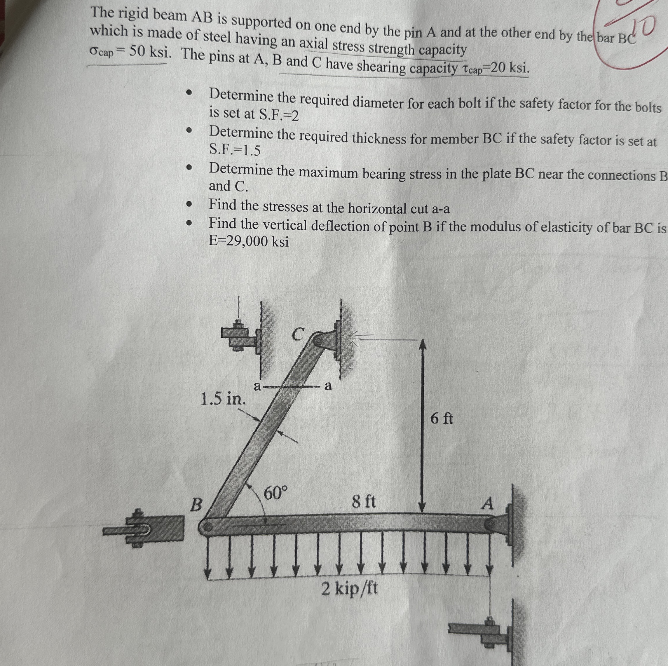 The rigid beam A B is supported on one end by the