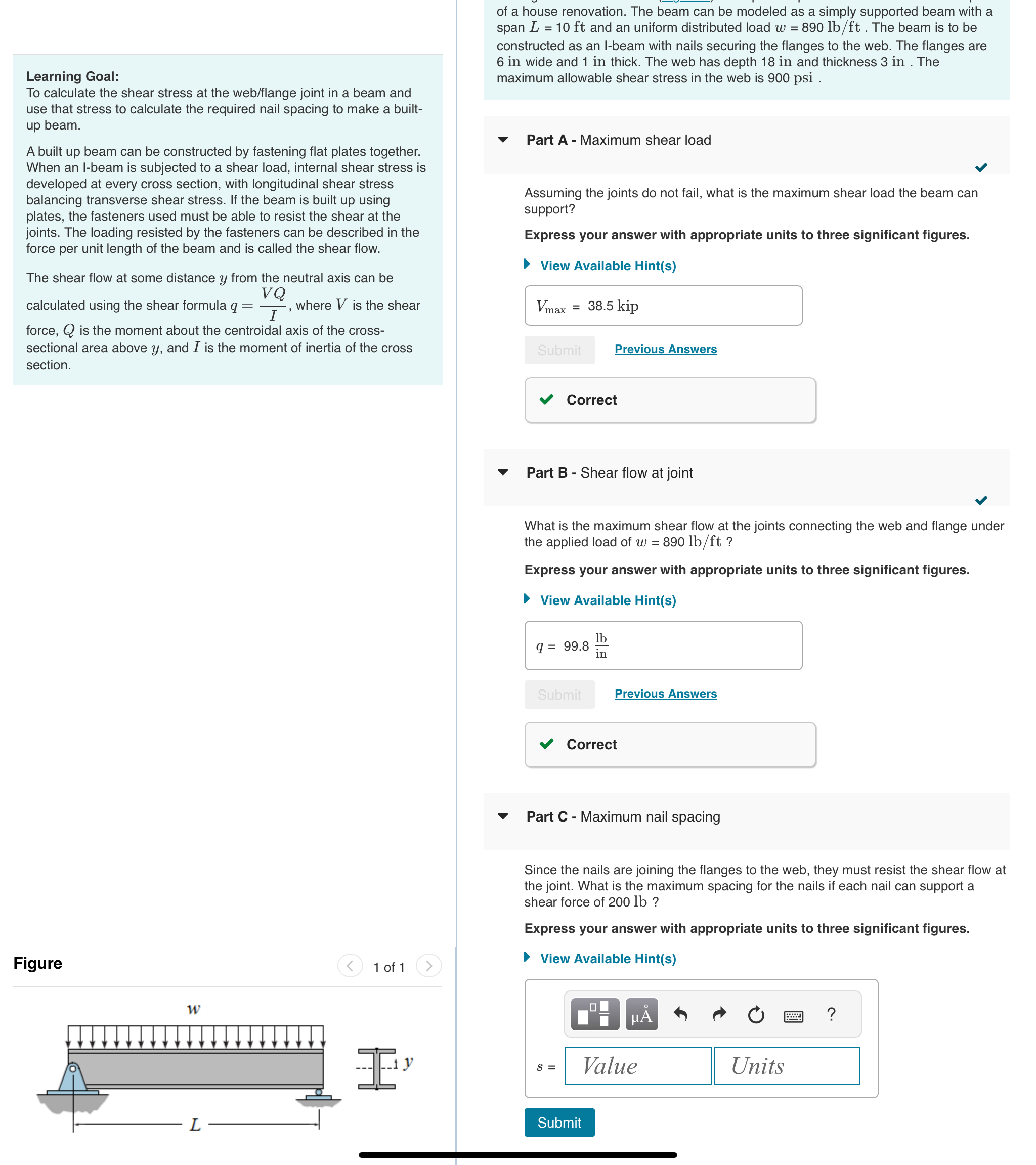 Solve part c of a house renovation. The beam can