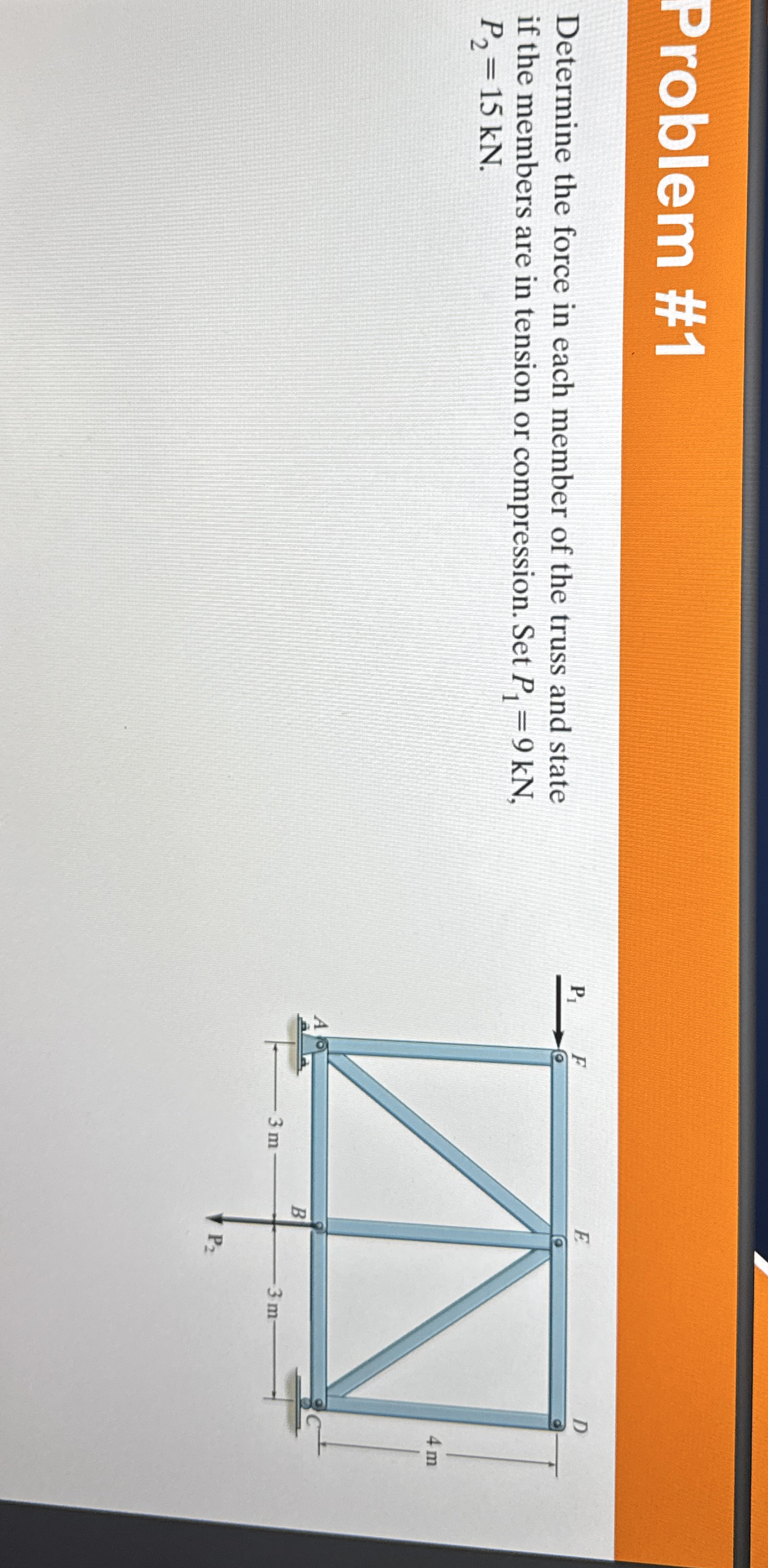 Problem # 1 Determine the force in each member of