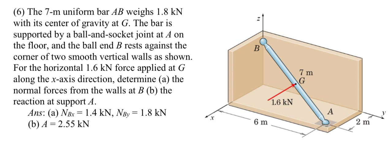 ( 6 ) The 7 - m uniform bar A B weighs 1 . 8 kN