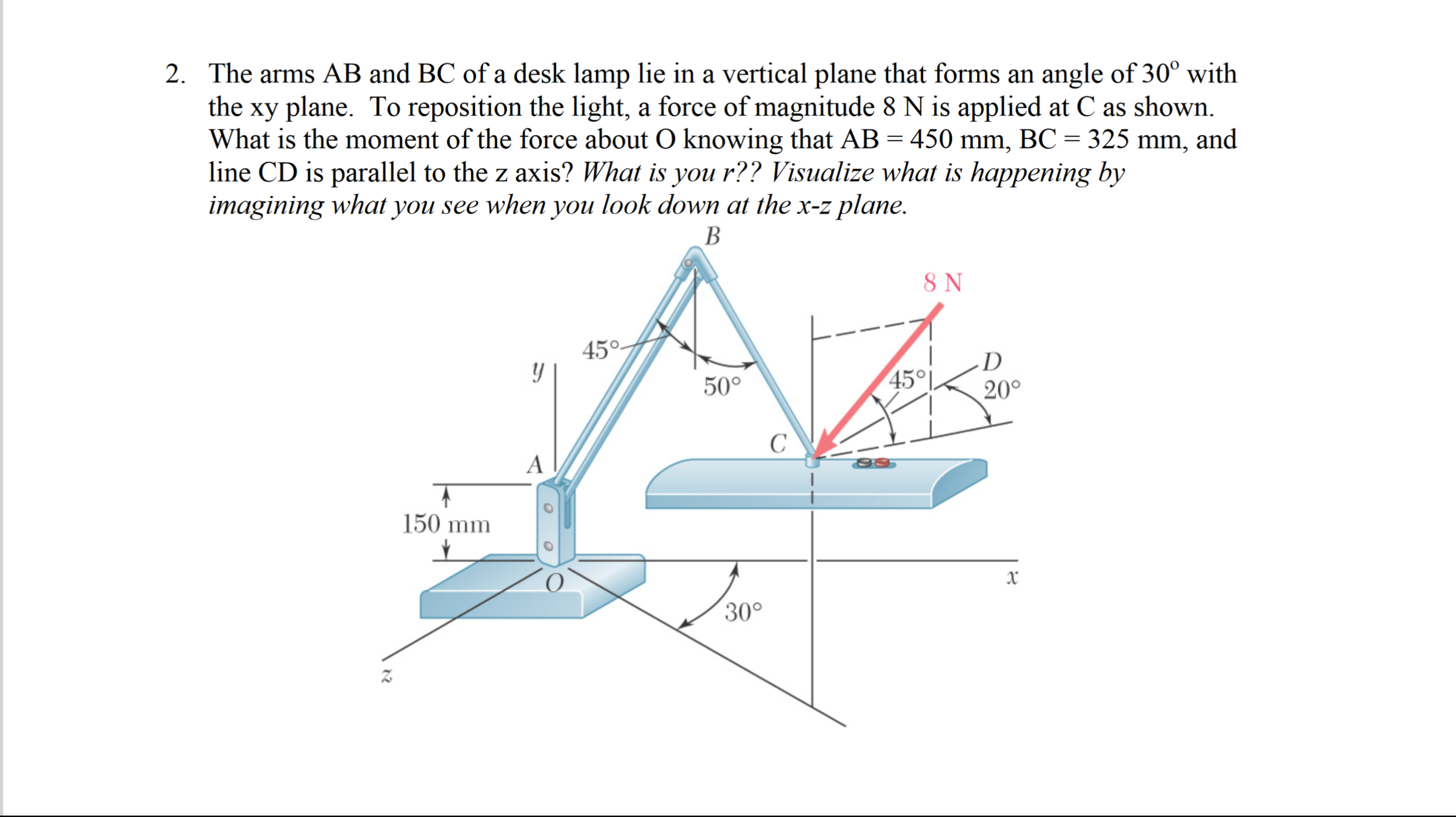 The arms AB and BC of a desk lamp lie in a