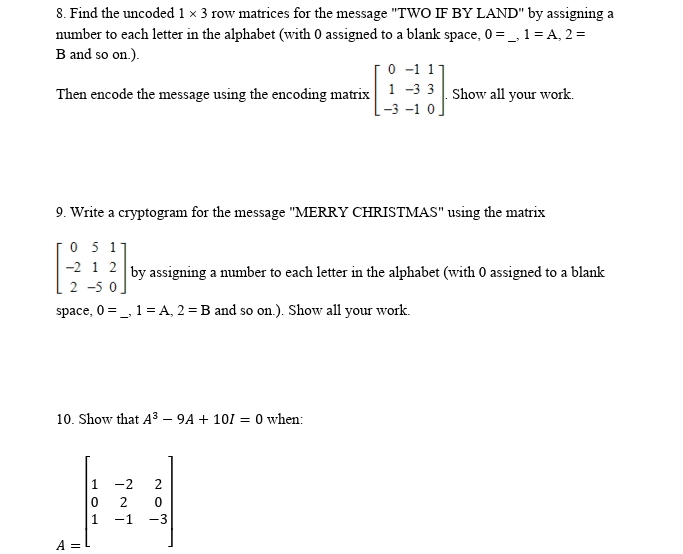 Find the uncoded 1 3 row matrices for the message