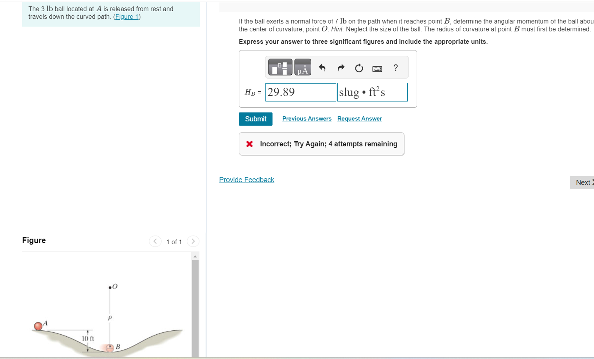 The 3 lb ball located at \ ( A \ ) is released