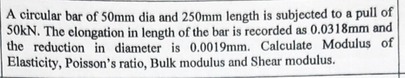 A circular bar of 5 0 mm dia and 2 5 0 mm length