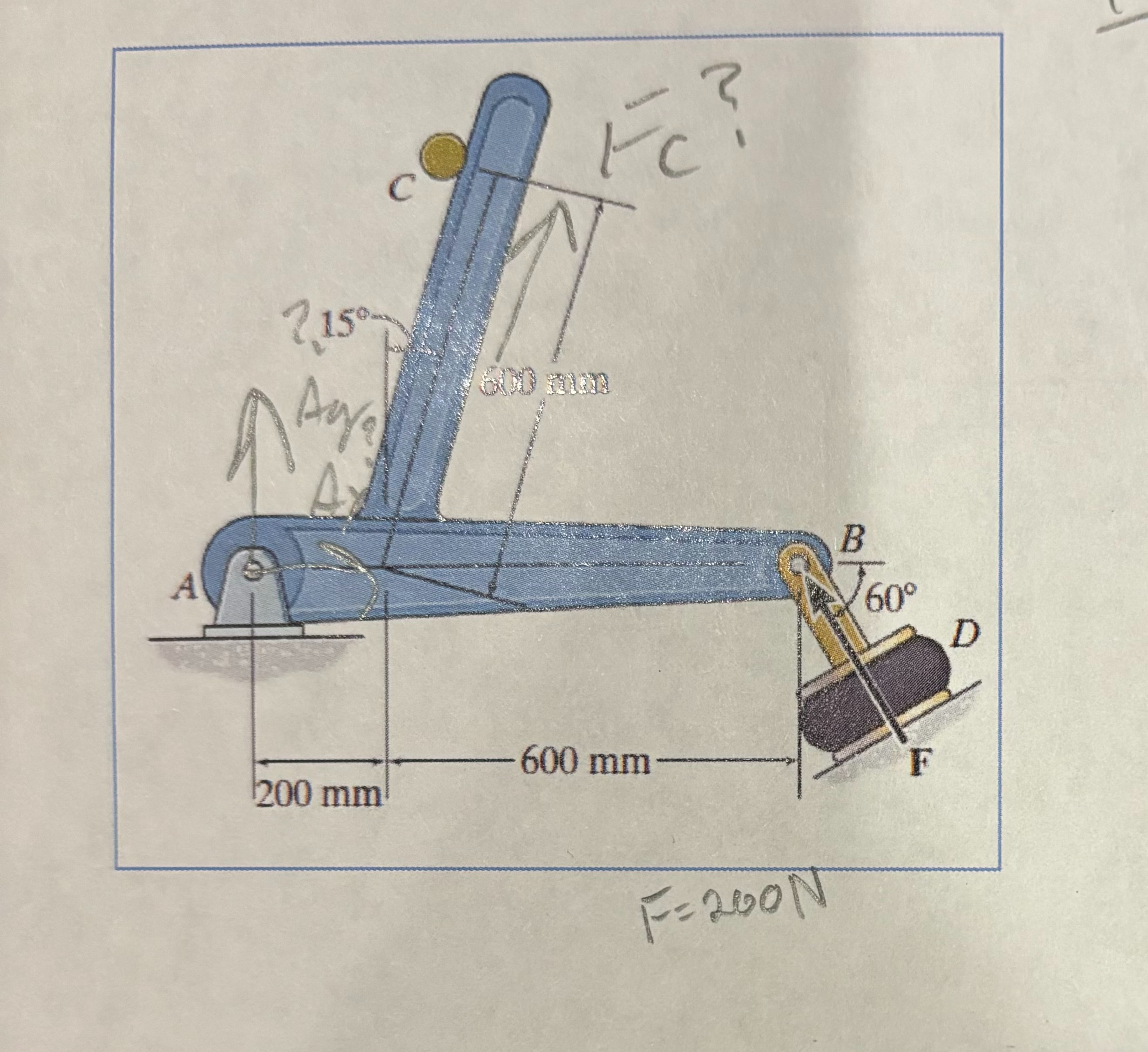 Determine the force at pin A and the force of the