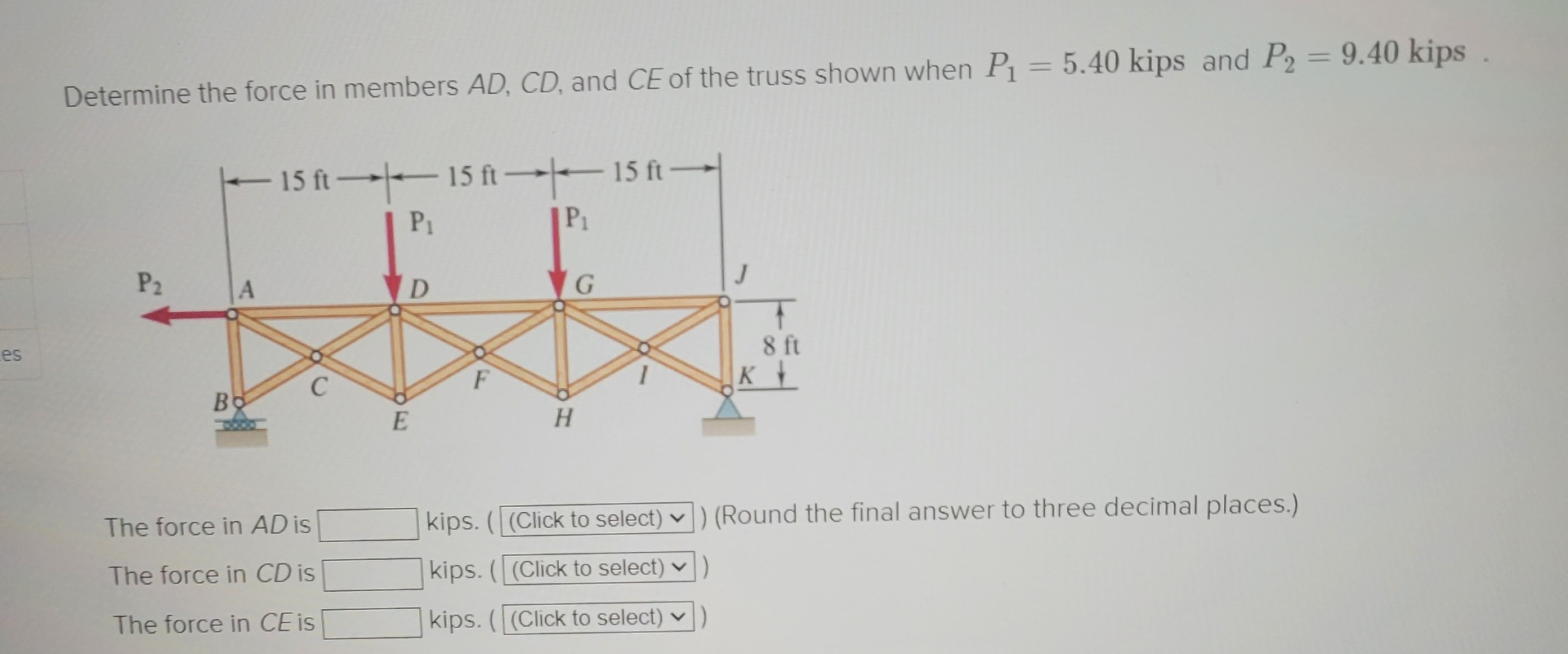 Determine the force in members A D , C D , and C