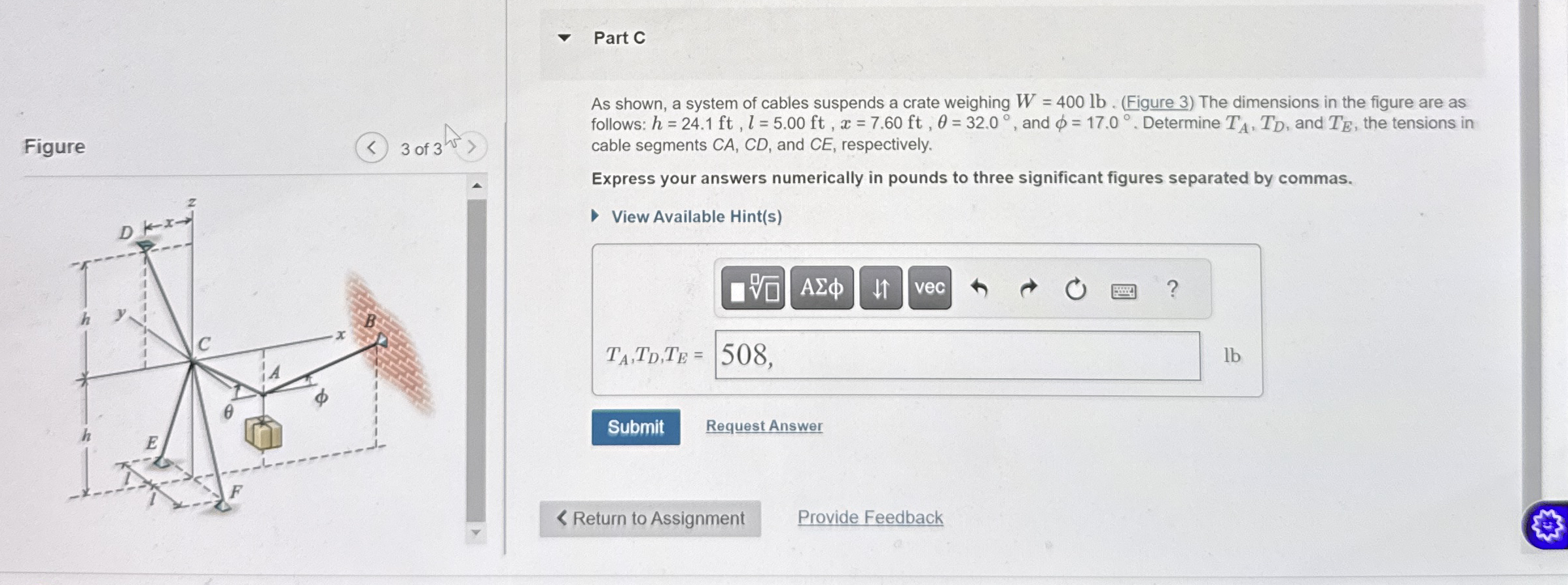 Part C As shown, a system of cables suspends a