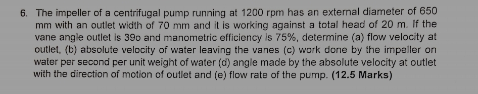 The impeller of a centrifugal pump running at 1 2