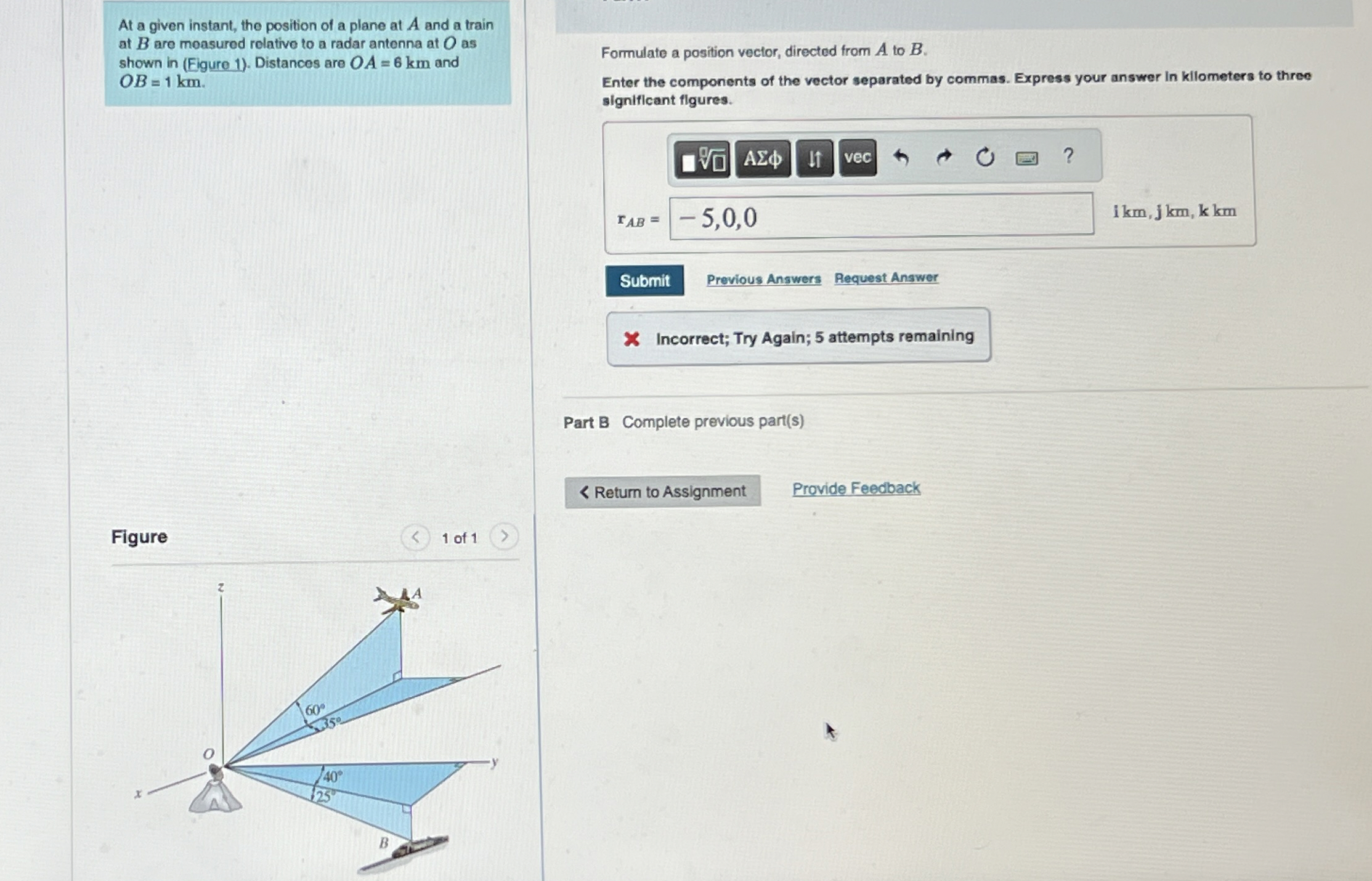 At a given instant, the position of a plane at A