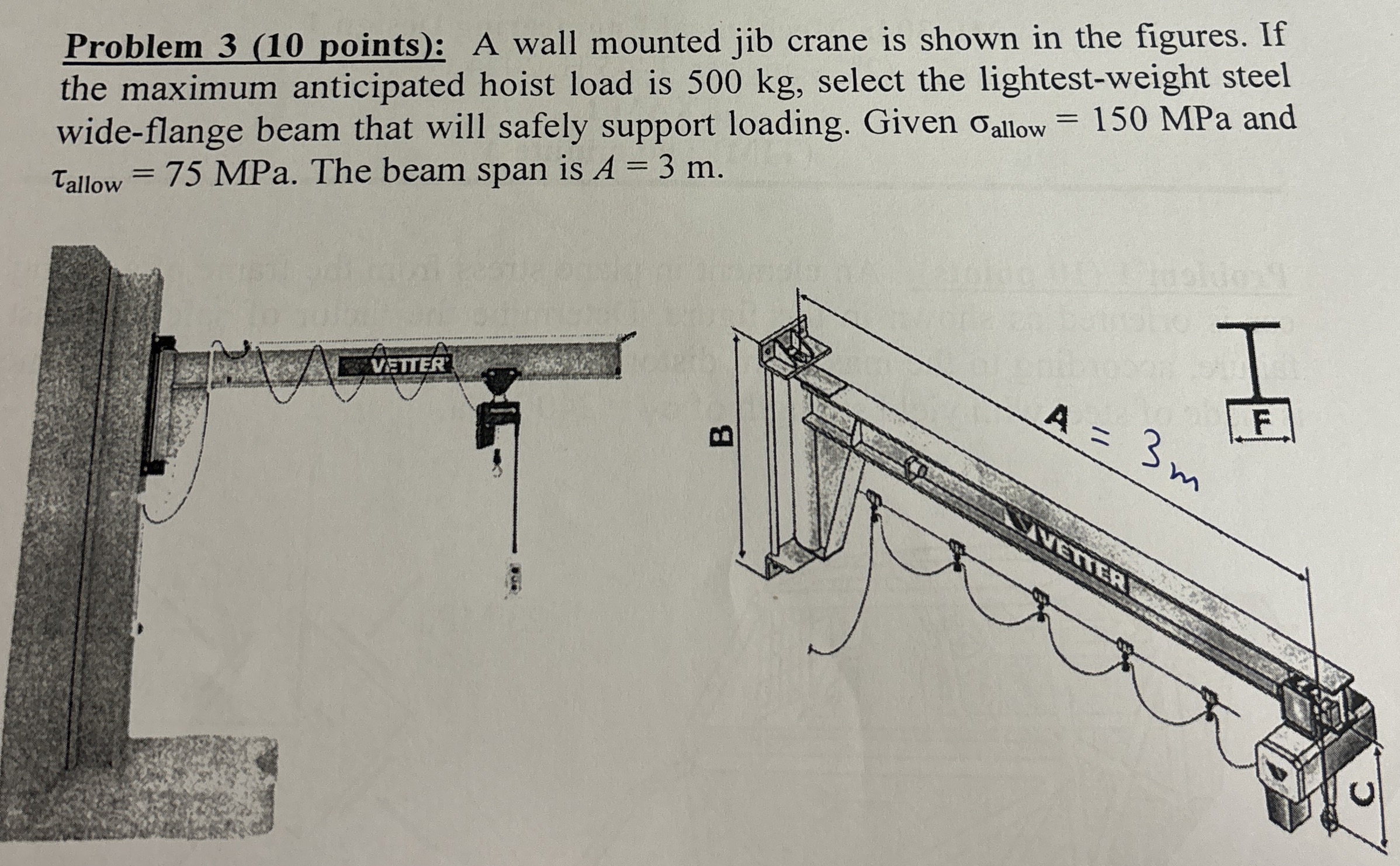 Problem 3 ( 1 0 points ) : A wall mounted jib