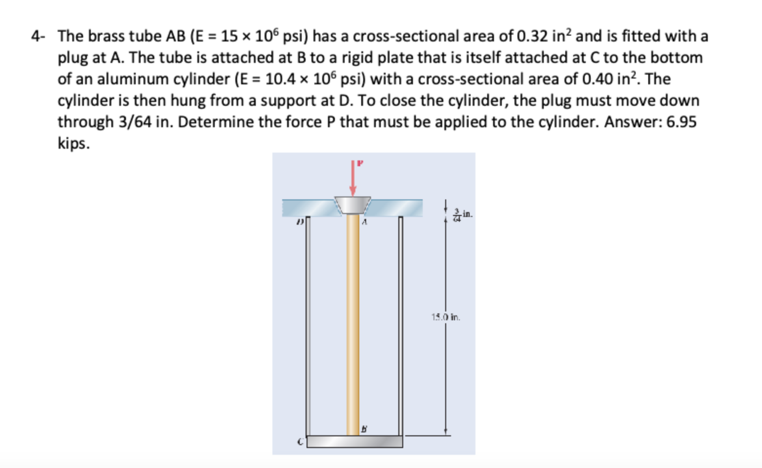 4 - The brass tube A B ( E = 1 5 1 0 6 ) has a