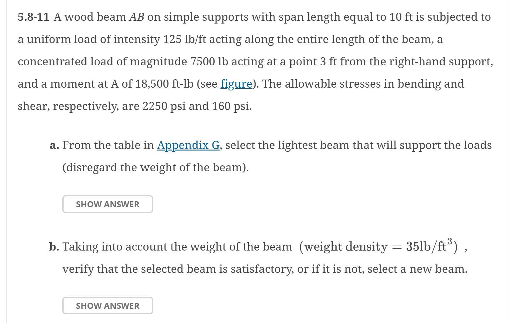 5 . 8 - 1 1 A wood beam \ ( A B \ ) on simple