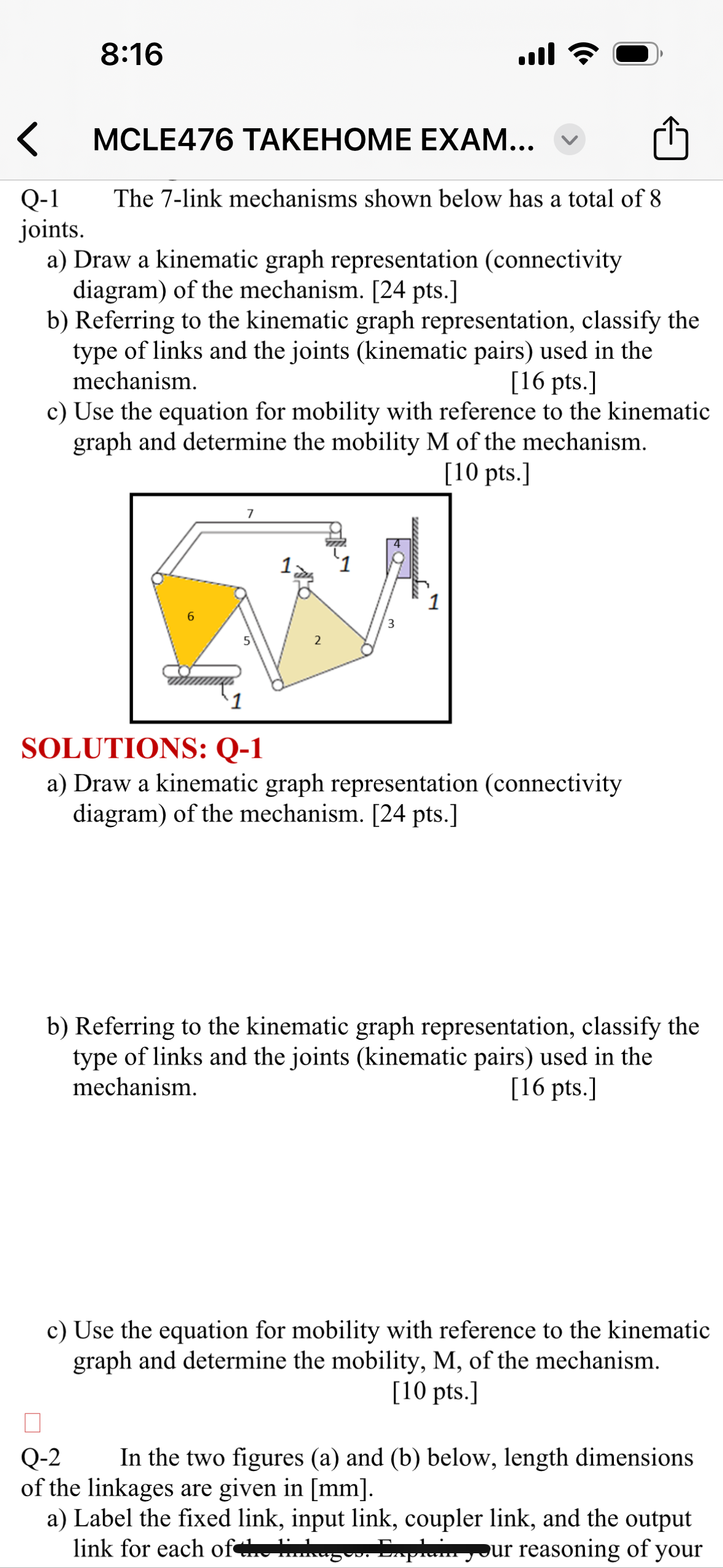 Q - 1 The 7 - link mechanisms shown below has a