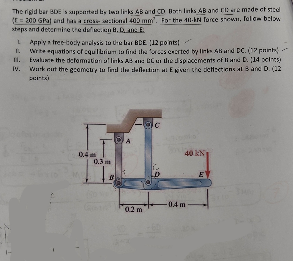 The rigid bar BDE is supported by two links A B