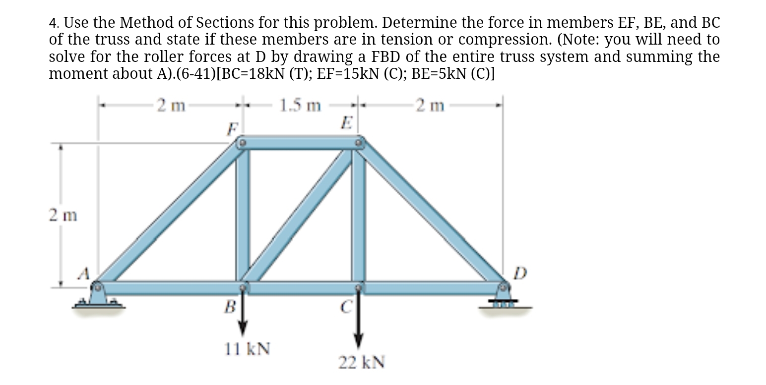 4 . Use the Method of Sections for this problem.