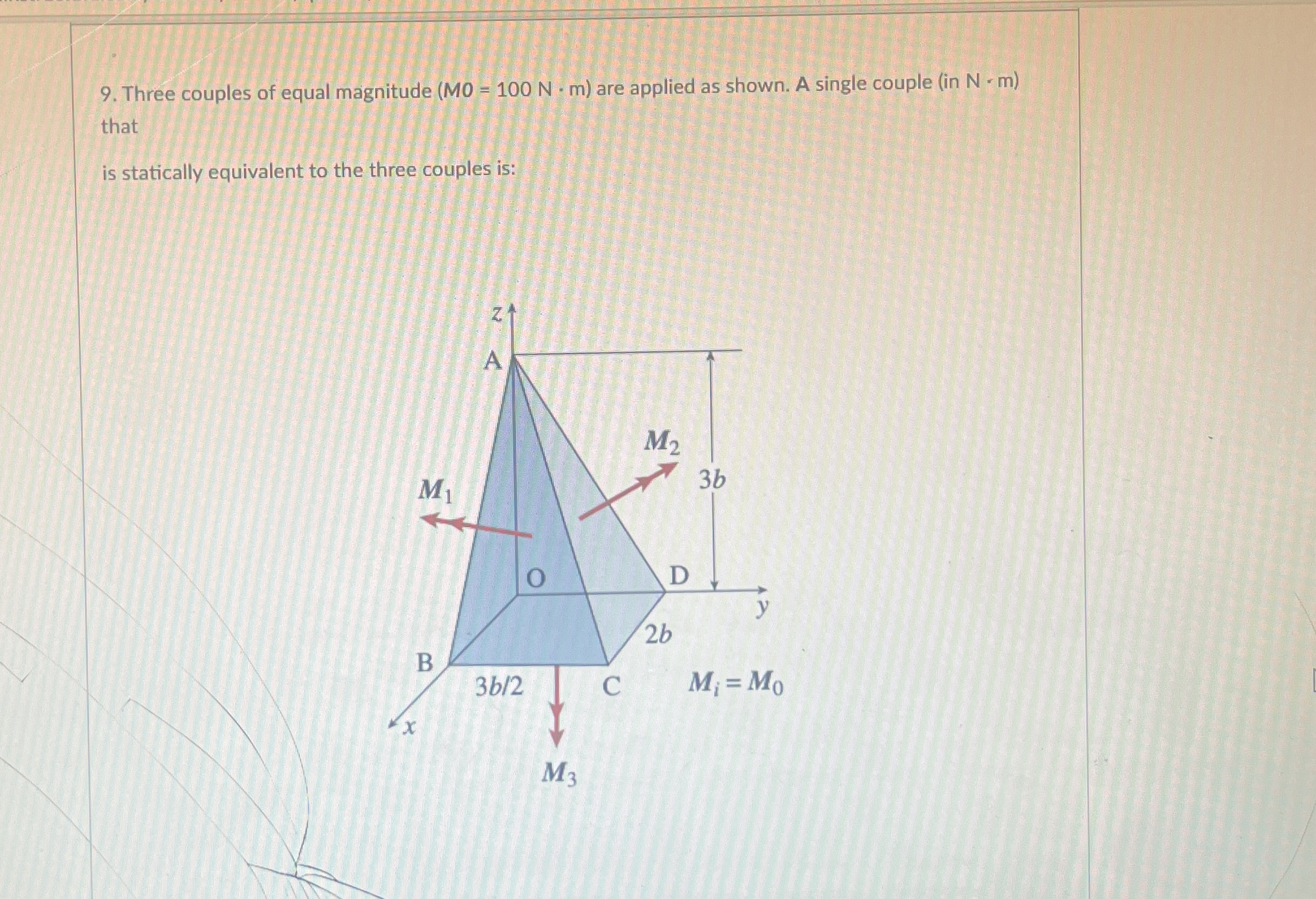 Three couples of equal magnitude ( M 0 = 1 0 0 N