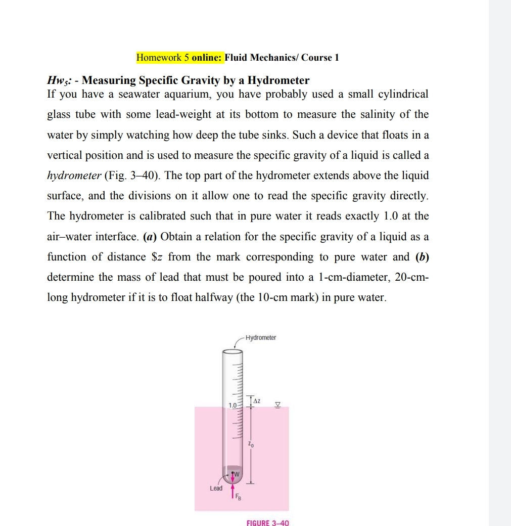 Homework 5 online: Fluid Mechanics / Course 1 H 5