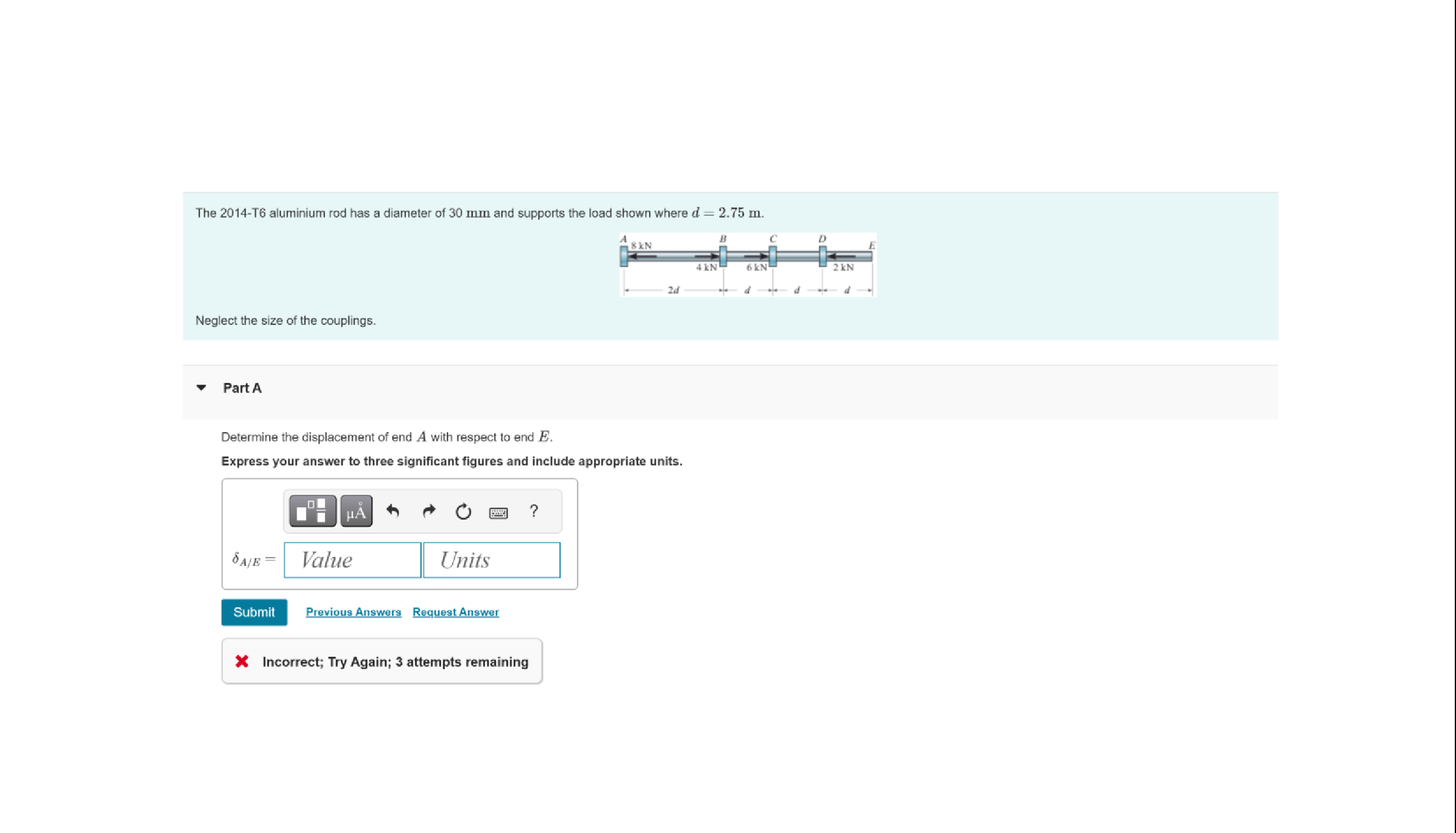 The 2 0 1 4 - T 6 aluminium rod has a diameter of