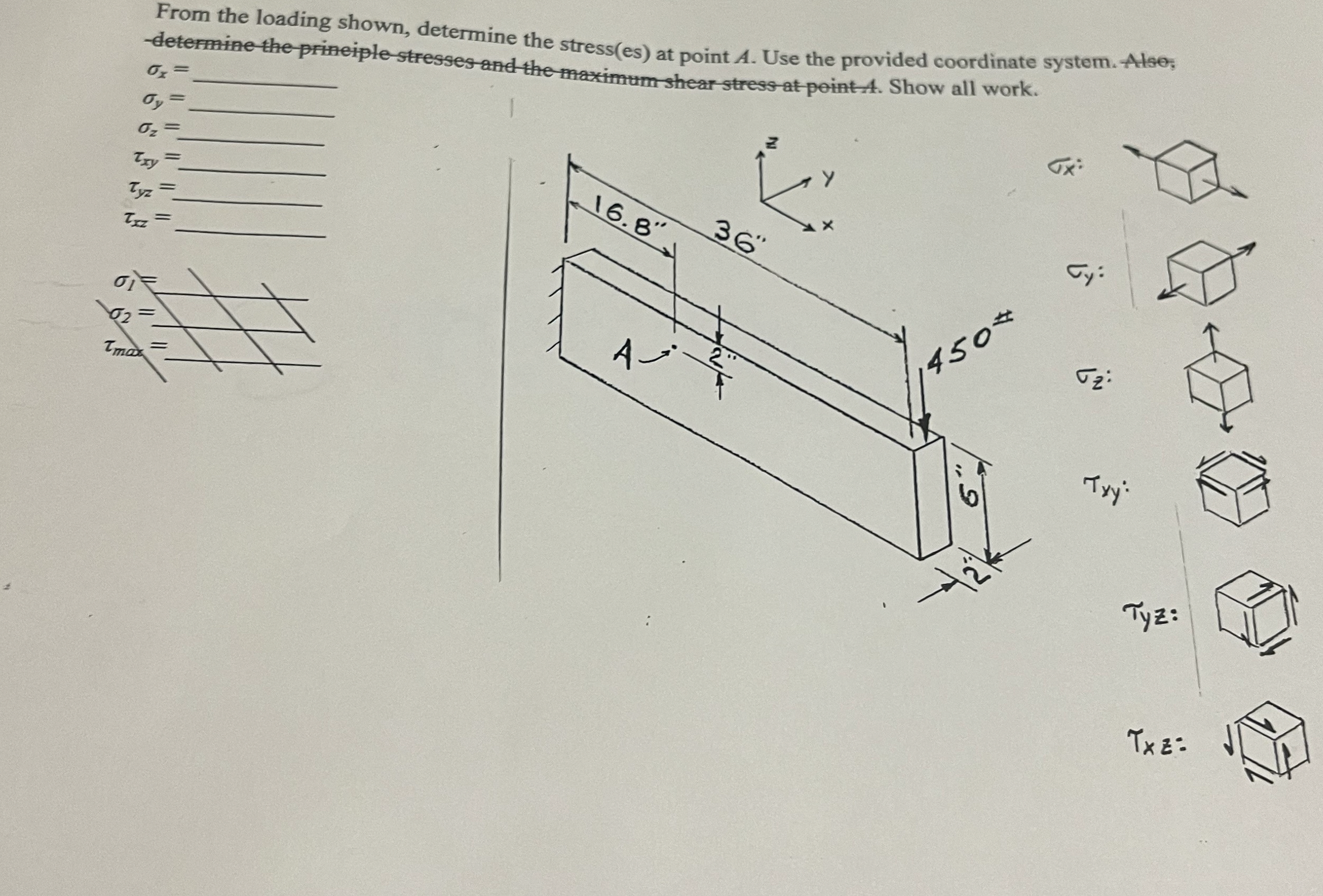 From the loading shown, determine the stress ( es