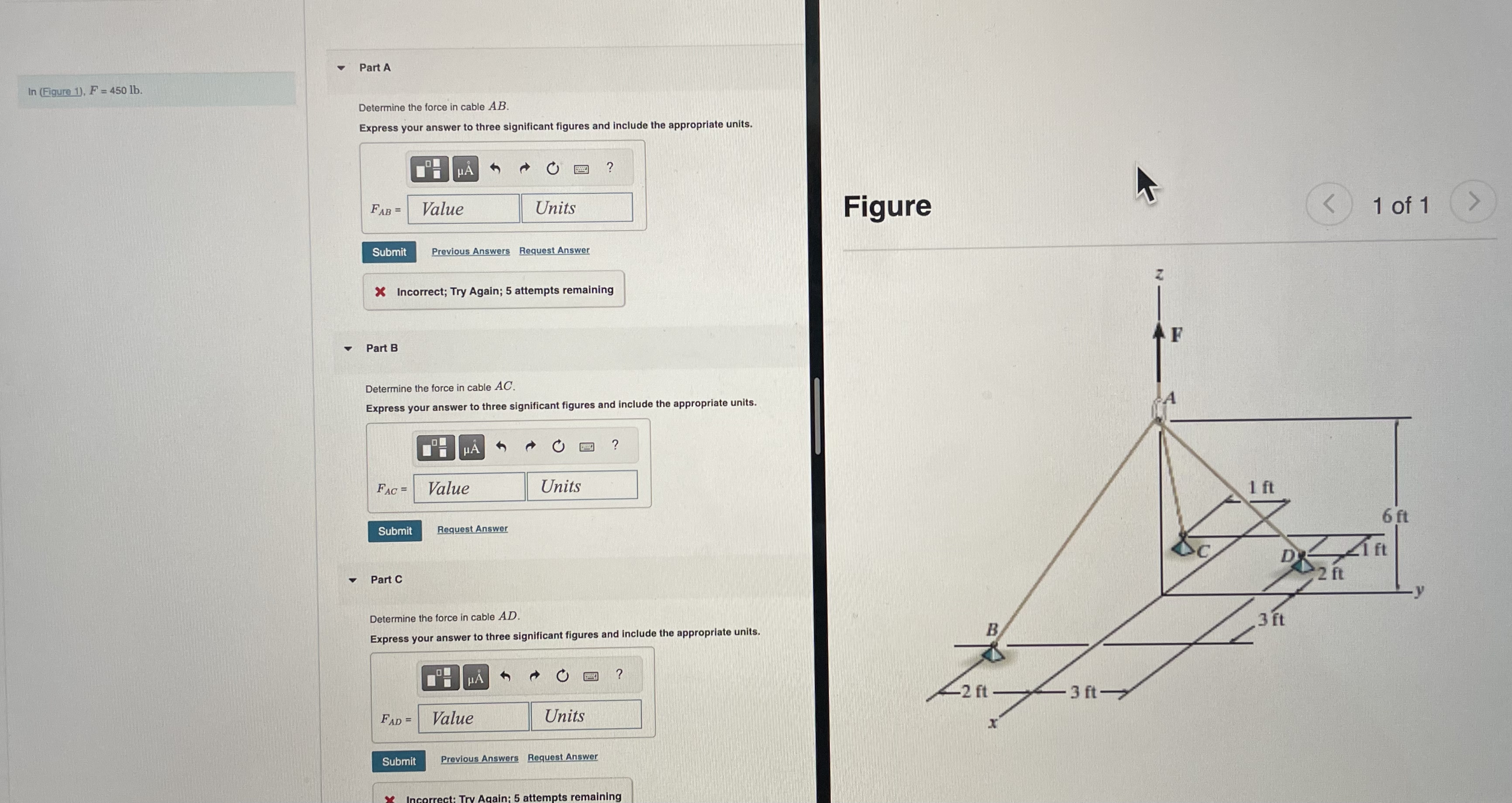 Part A l n ( Figure 1 ) , F = 4 5 0 l b .
