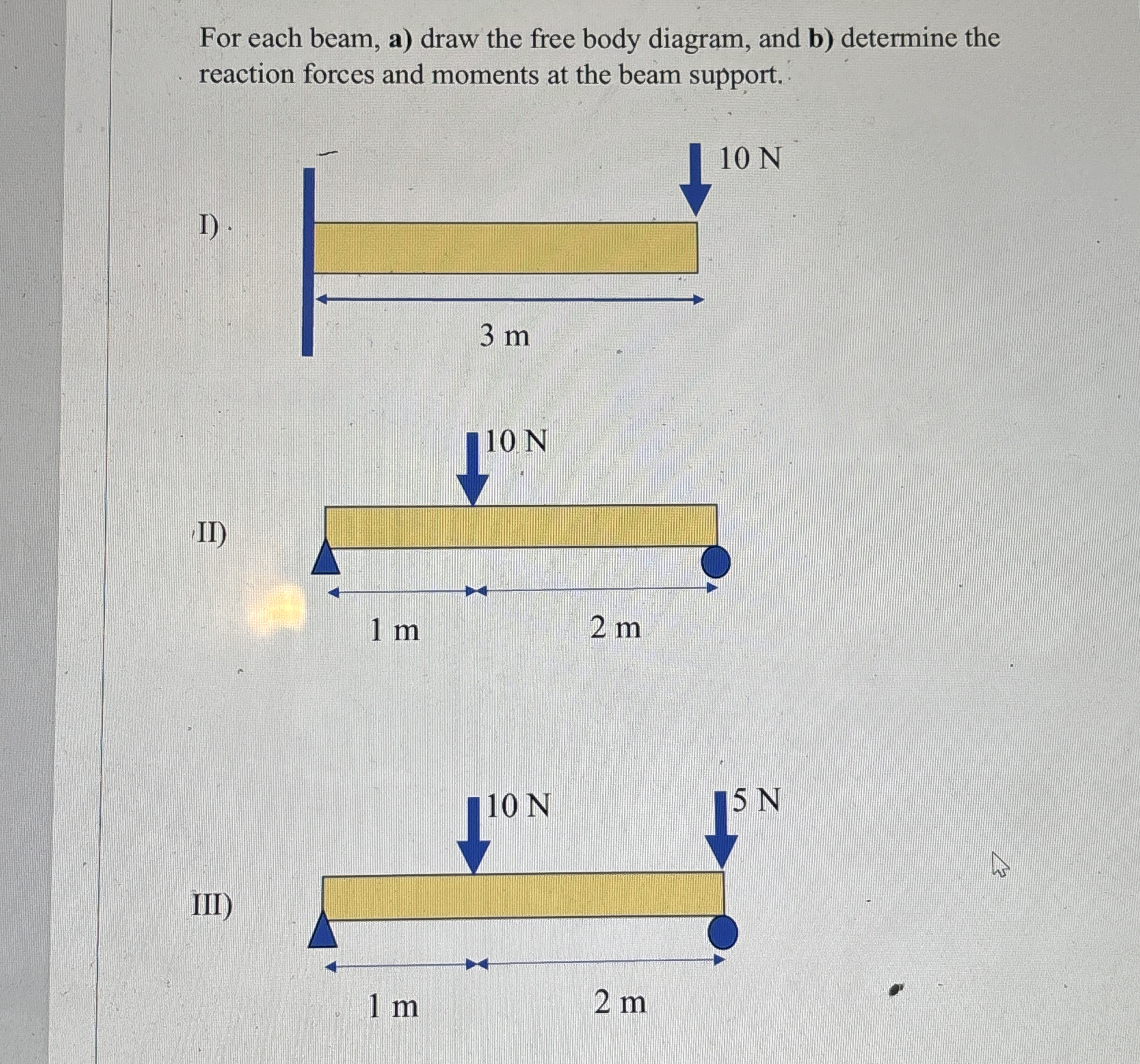 For each beam, a ) draw the free body diagram,