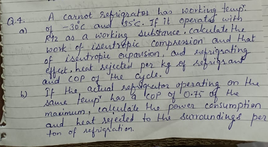 Q . 4 . A carnot refrigrator has working tempr. a