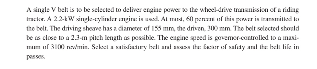 A single V belt is to be selected to deliver