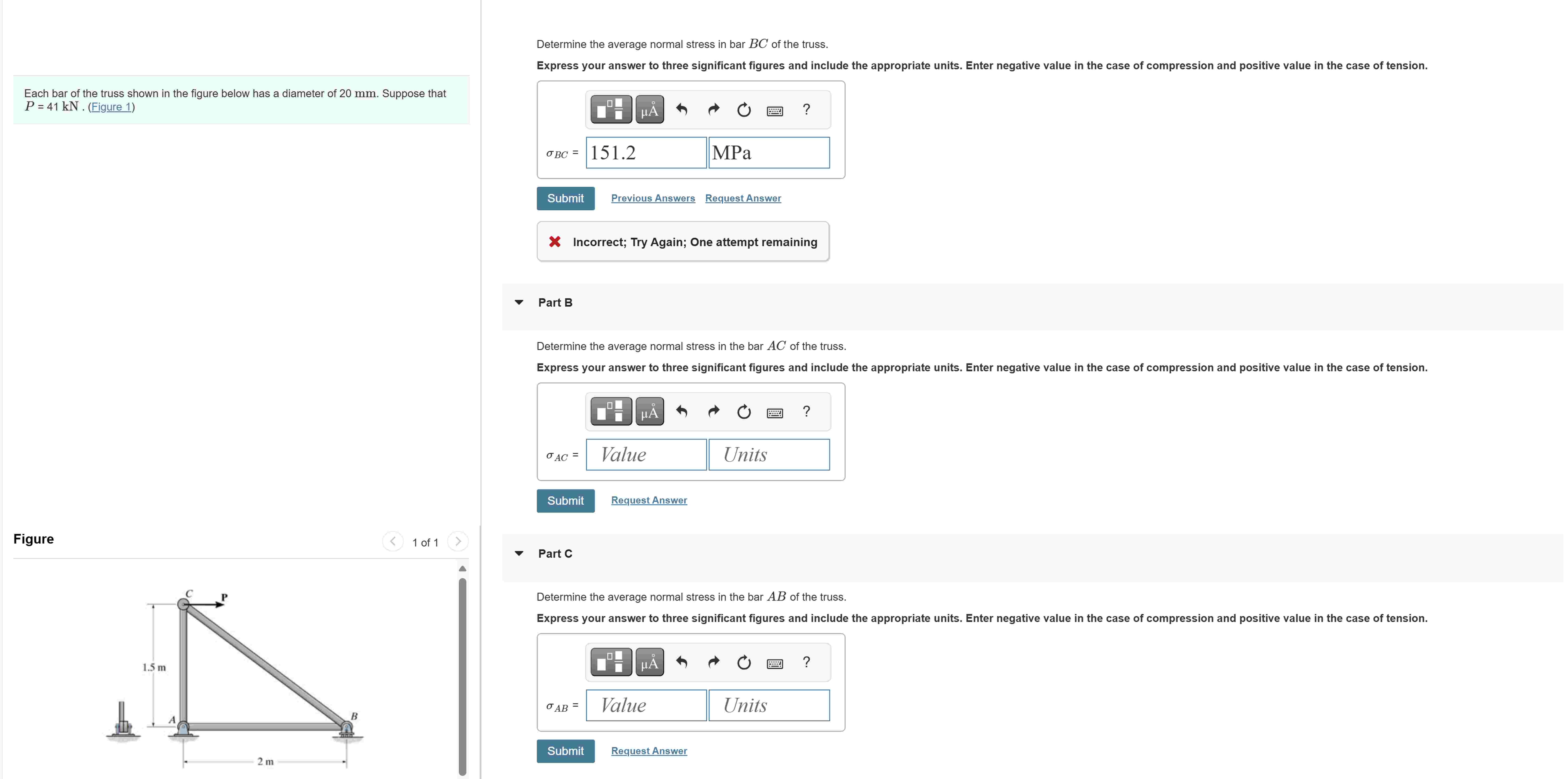 Determine the average normal stress in bar \ ( B
