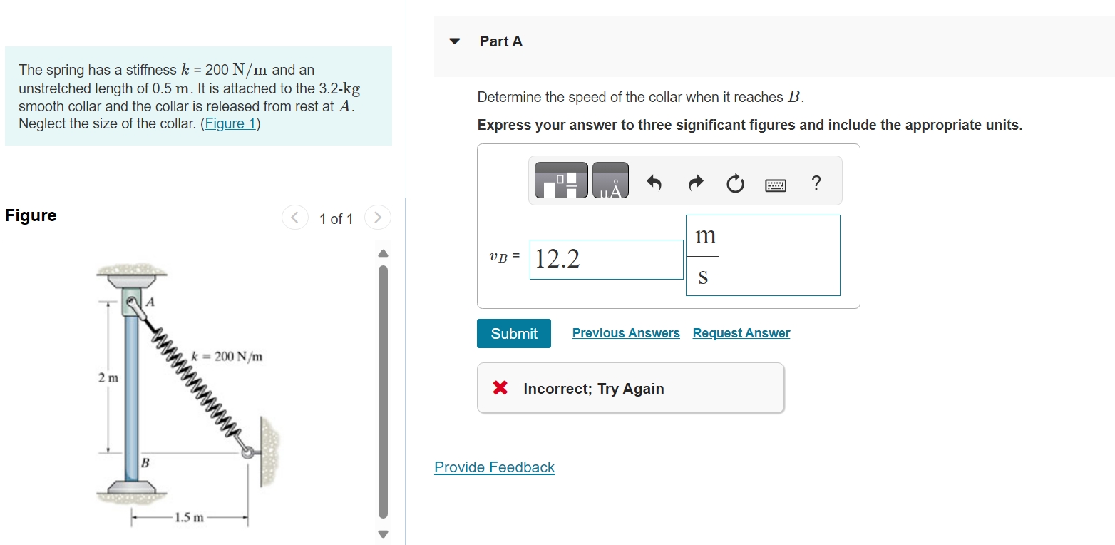 The spring has a stiffness \ ( k = 2 0 0 \ mathrm