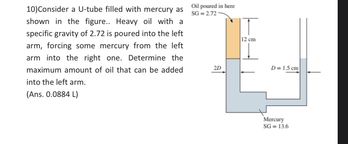 Consider a U - tube filled with mercury as shown