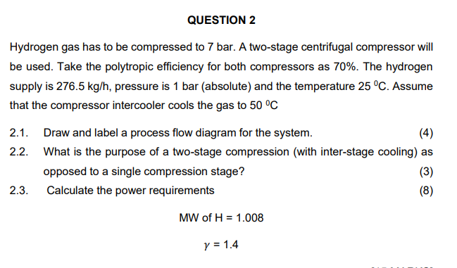 QUESTION 2 Hydrogen gas has to be compressed to 7