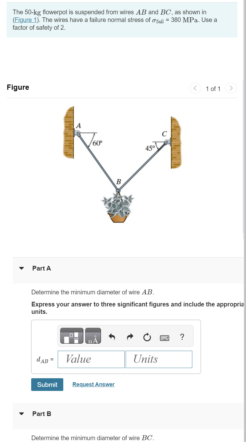 The 5 0 - k g flowerpot is suspended from wires A